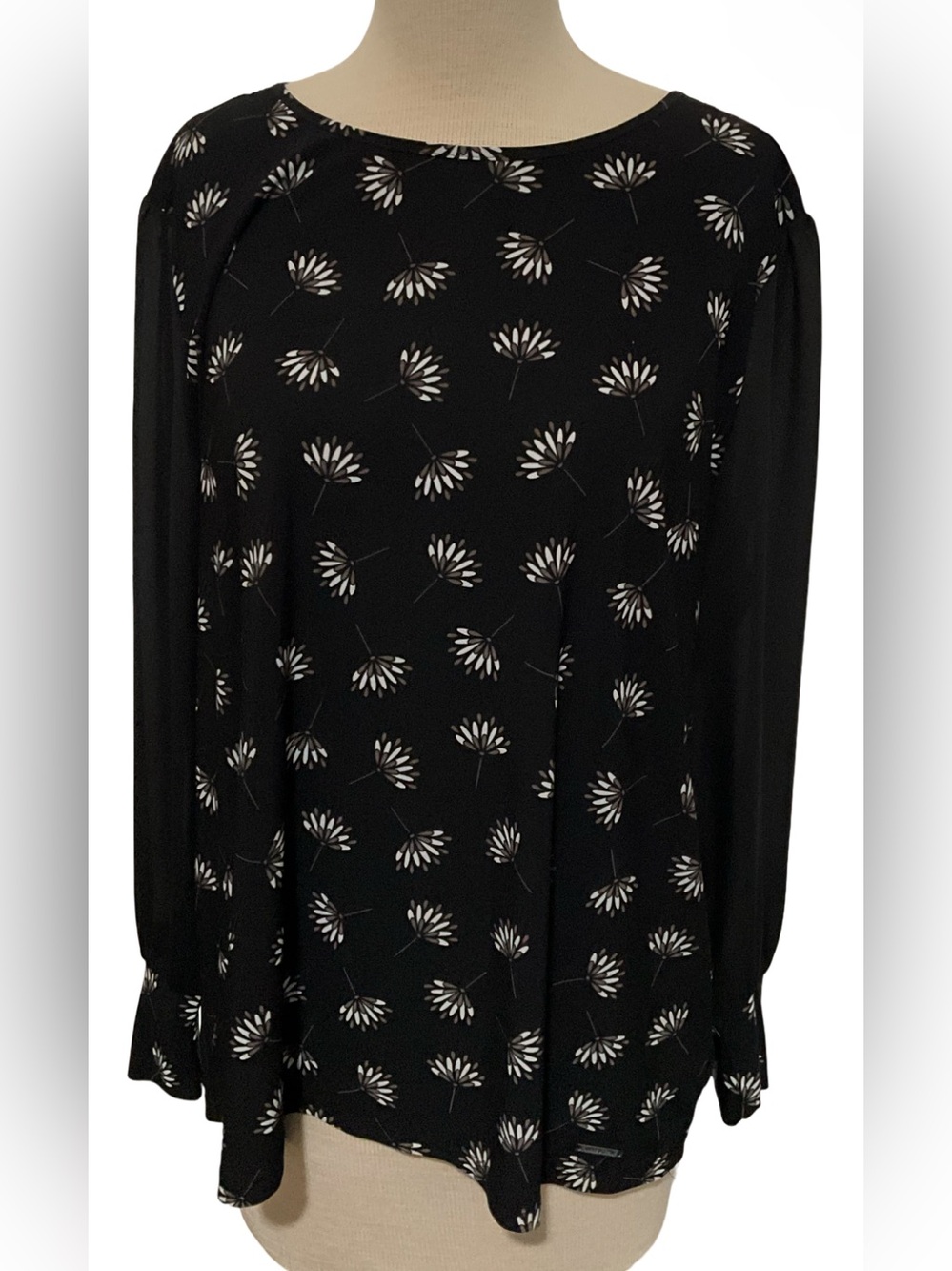 Anne Klein Black Floral Long Sleeve Blouse Tunic Top Women’s Size XL